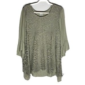 Floral Crochet Tunic Top 3/4 Bell Flare Sleeves 1X Plus Sage Green Boho Hippie